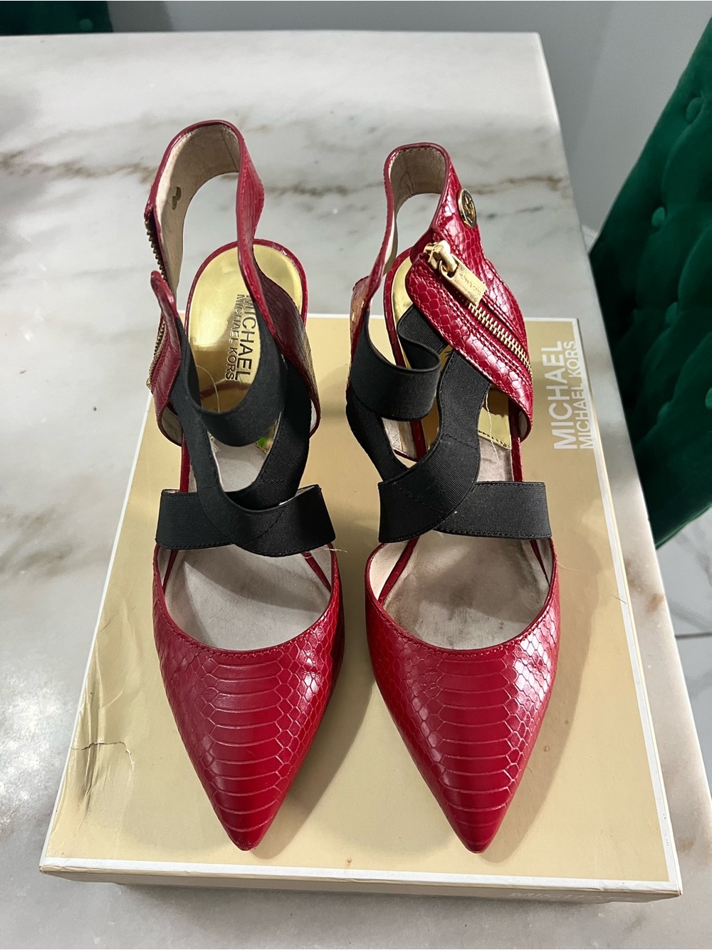 MICHAEL Michael Kors Red Pointed Slingback Pumps with Black Straps